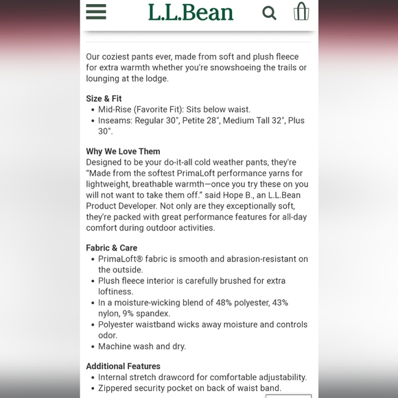 L.L. Bean Women's PrimaLoft ThermaStretch Fleece Pants, Mid-Rise Straight-Leg - Picture 6 of 16